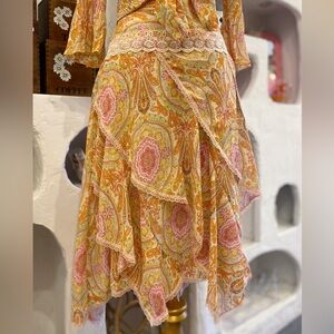Y2K Orange Paisley Tiered Ruffle Skirt with Lace Trim and Handkerchief Hem